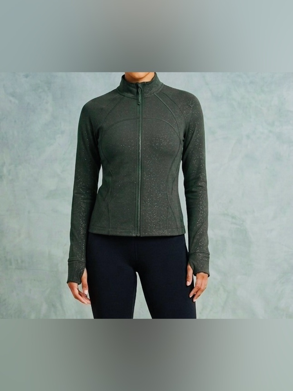 NWT Fabletics Dark Green Gray Metallic Full Zip Track Jacket Thumbholes Size XL